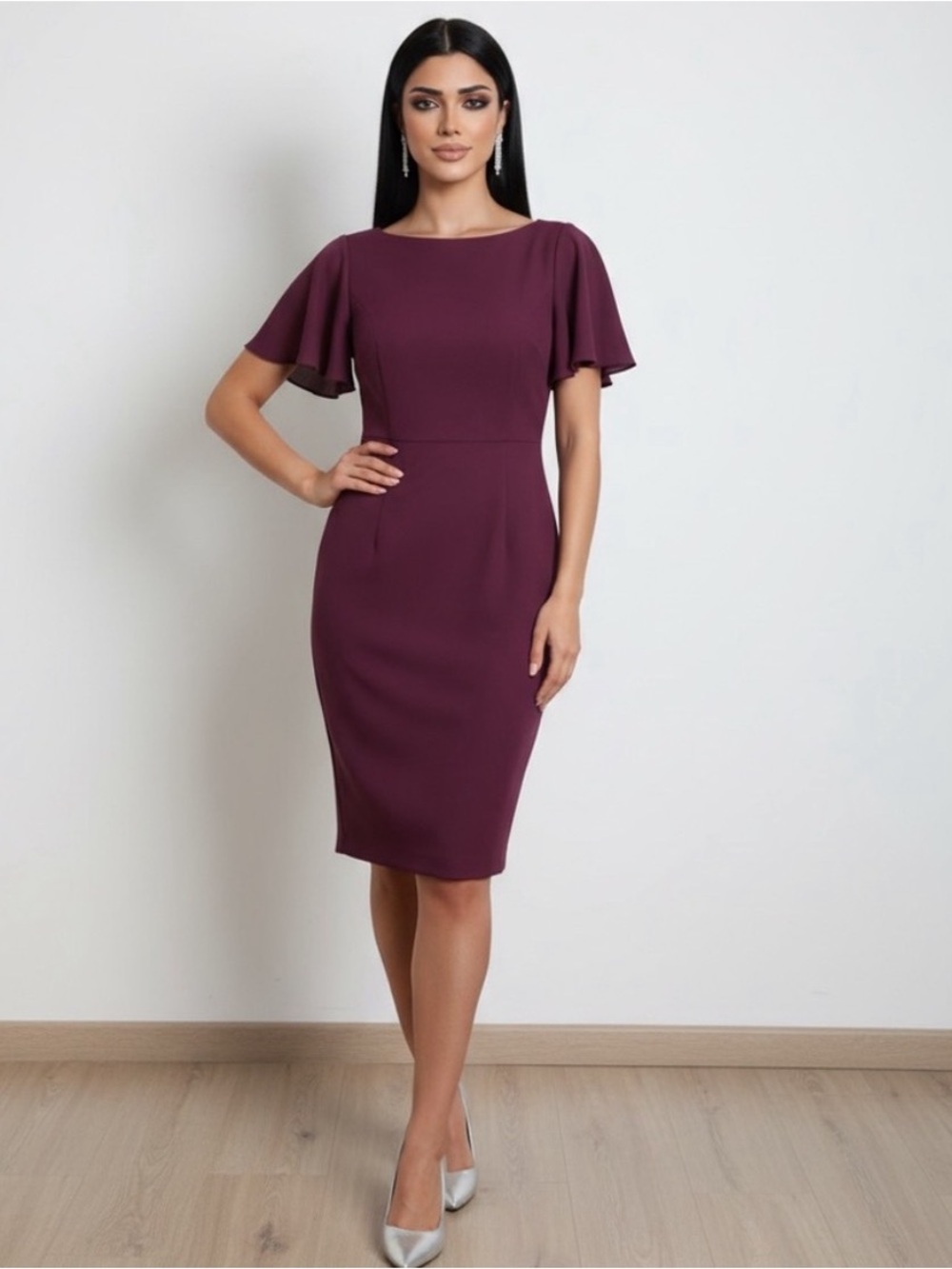 Calvin Klein- Elegant Plum Flutter-Sleeve Sheath Midi Dress